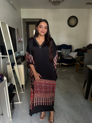 Natural dye modal silk ajrakh kaftan with mirror lace